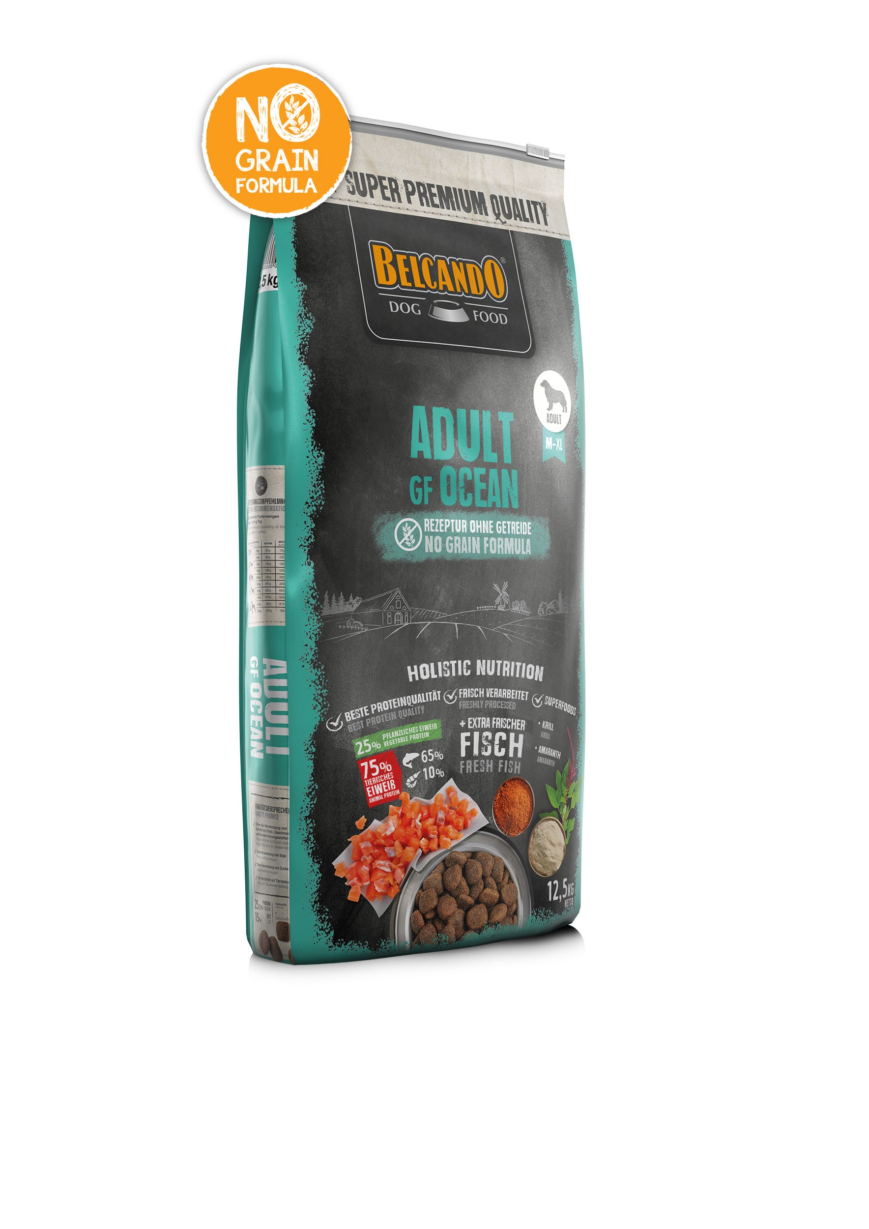 BELCANDO ADULT GRAIN FREE OCEAN για ενήλικους σκύλους με κανονική ή και αυξημένη δραστηριότητα, με φρέσκο σολομό και ψάρια ωκεανού 12,5kg